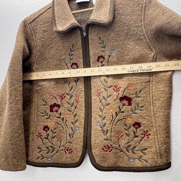 Wool Liz Claiborne western country brown Blazer cozy Jacket zip  flower ‎ L. - Picture 6 of 12